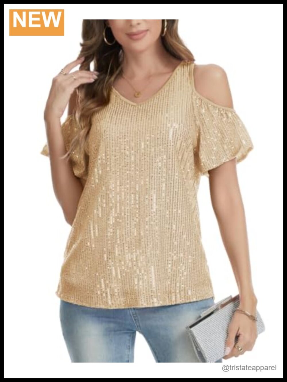 Sparkly Sequin Top Cold Shoulder V Neck Glitter Blouse